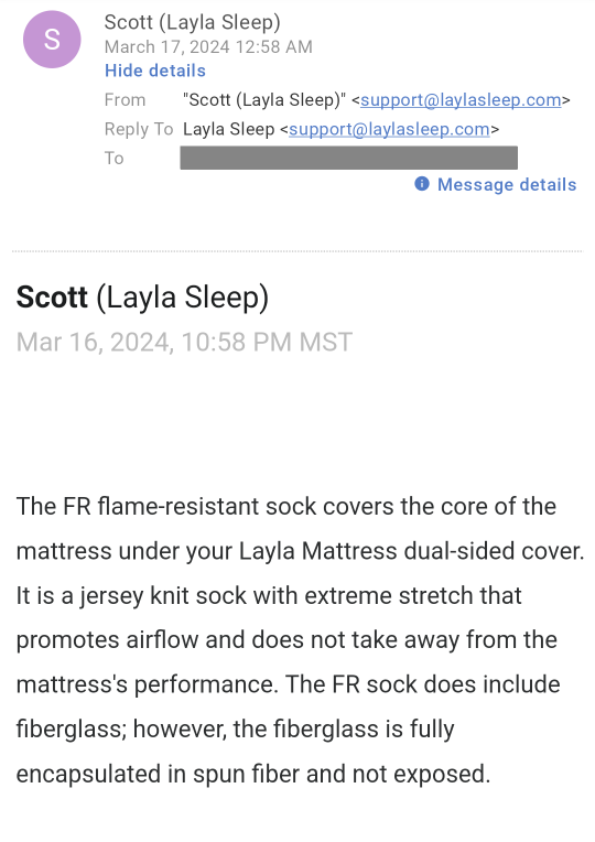 Layla Sleep Admits Fiberglass 2024
