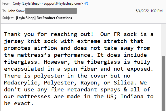Layla Sleep Admits Fiberglass Email