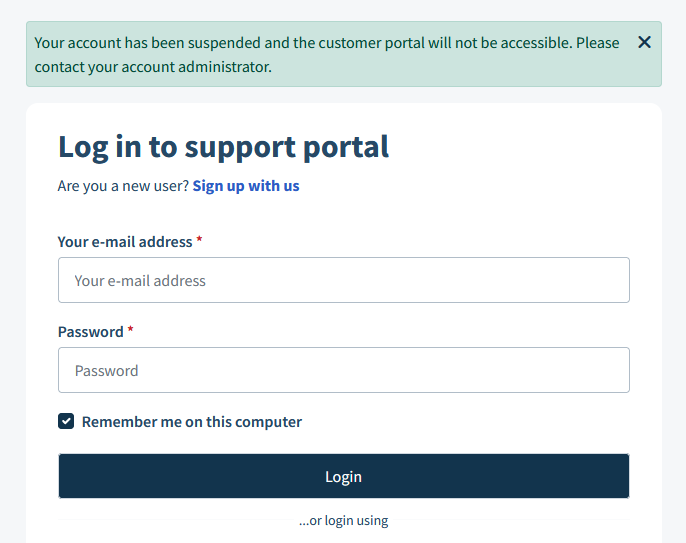Puffy Fiberglass Support Account Disabled Screenshot of Puffy Support Password Reset where Account has been Disabled