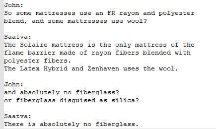 Saatva Flame Barrier No Fiberglass Live Chat with Saatva where they say their mattresses have absolutely no fiberglass