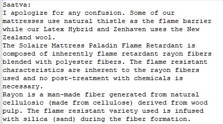 Saatva Flame Barrier is Visil Rayon and Polyester Saatva Live Chat where Saatva admits Thistle-Based flame barrier is just Visil Rayon and Polyester