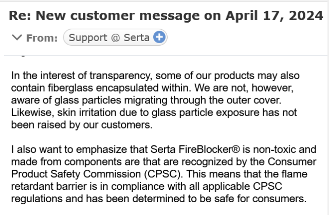 Serta Admits Fiberglass Email Screenshot of an email from Serta that shows it admitting fiberglass use in mattresses