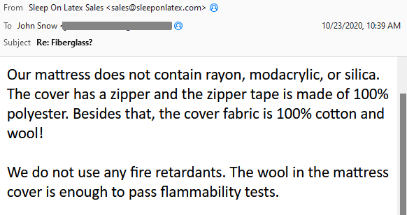 SleepOnLatex No Fire Retardants Email
