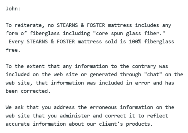 Stearns Foster Chatbot Fiberglass Incorrect