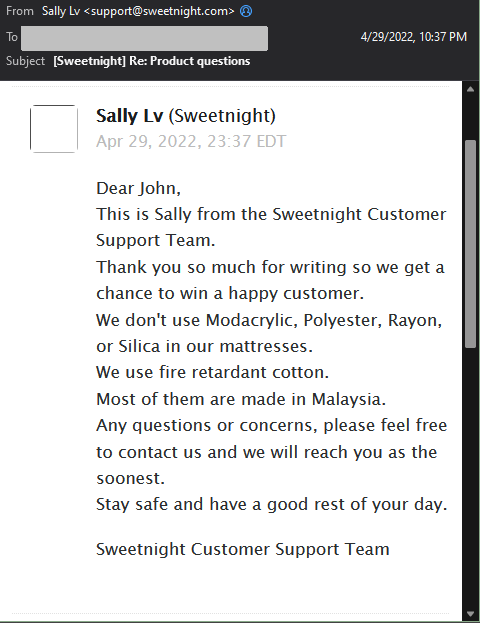 SweetNight FiberglassFree Chemicals 2022