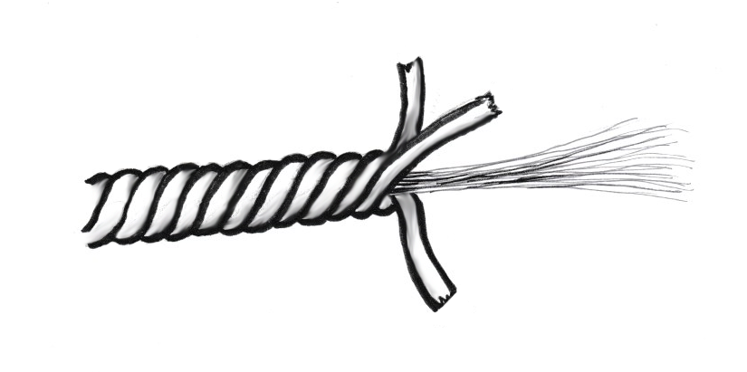 Example drawing of core-spun glass fiber, fiberglass strands wrapped in a sheath of a different fiber.